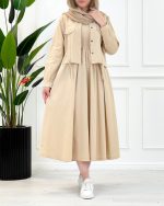 ست کت و سارافون زنانه لینن با طراحی یقه مردانه و سارافون بندی، مناسب سایز ۳۶ تا ۴۰، در پنج رنگ جذاب