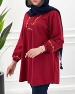 شومیز مانتویی آیسل زنانه با جنس لینن خنک، یقه هفتی، گلدوزی‌دار و طراحی خاص مناسب استایل روزمره و مهمانی‌های دوستانه