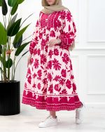 پیراهن گلرخ دخترانه و زنانه با پارچه بوگاتی باکیفیت، دامن طبقه‌ای گلدار و یقه ایستاده، مناسب استایل روزمره و مهمانی