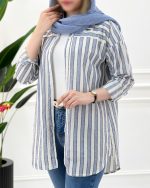 شومیز مانتویی زنانه و دخترانه نخی با طرح راه‌راه، یقه مردانه و طراحی شیک مناسب روزهای گرم