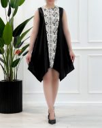 سارافون زنانه و دخترانه ژاکارد با طرح برجسته جلو، یقه گرد، پایین هفت هشتی و ترکیب ساتن آمریکایی، مناسب مهمانی و جشن در دو سایز متنوع