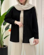 شومیز مانتویی دخترانه و زنانه رها با یقه مردانه، آستین پیله‌دار، فرم آزاد، پایین هلالی، مناسب سایزهای ۳۸ تا ۴۶، در سه طرح شیک