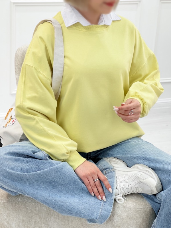 Picsart_25-11-04_21-51-55-770 دورس یقهگرد زنانه و دخترانه از جنس دونخ سوپر پنبه، قواره اورباکسی، فریسایز، با کشبافت در یقه و مچ آستین، در ۷ رنگ متنوع